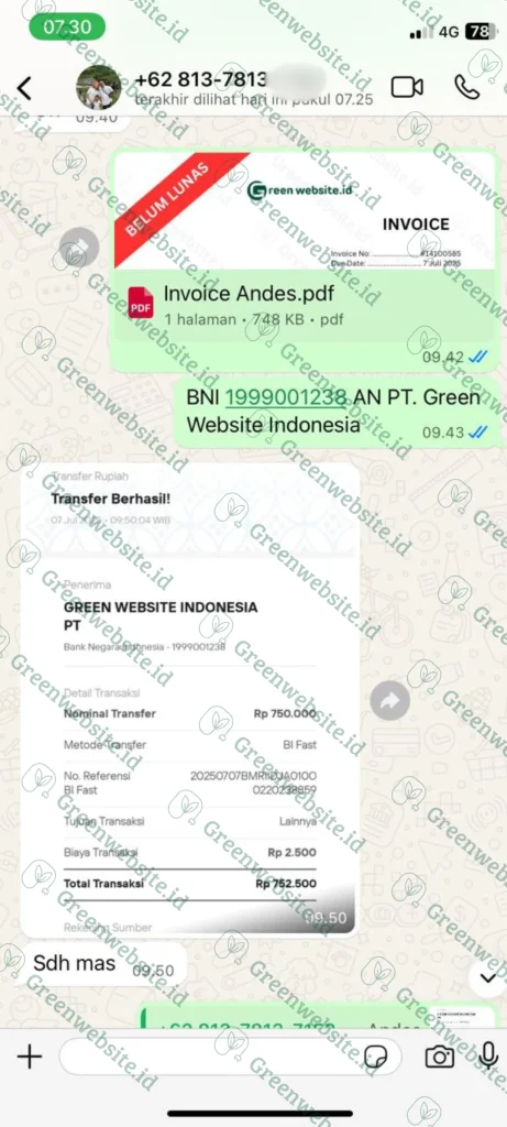 Bukti Transfer Klien Green Website Indonesia