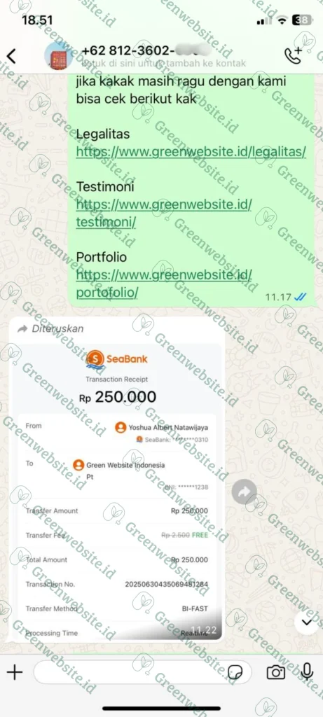 Bukti Transfer Klien Green Website Indonesia