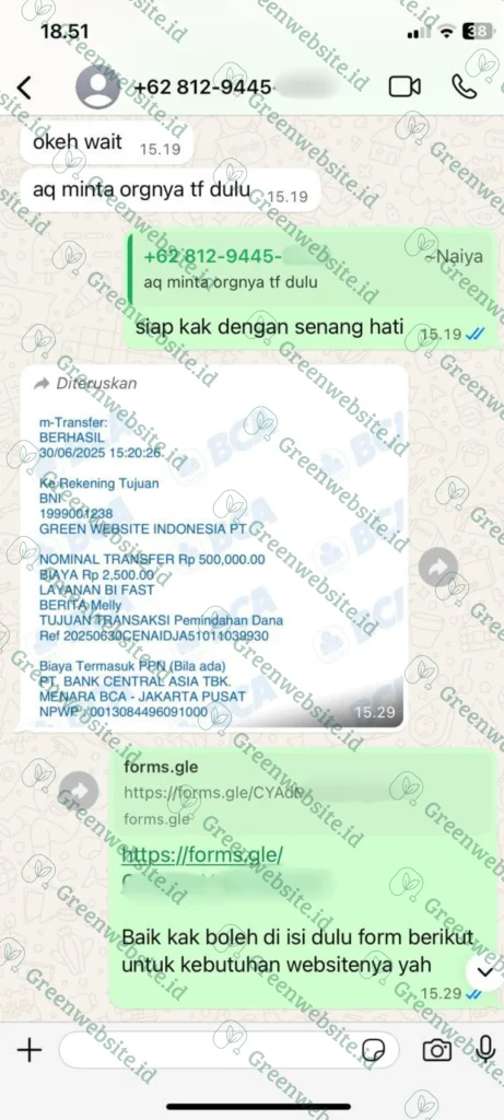 Bukti Transfer Klien Green Website Indonesia