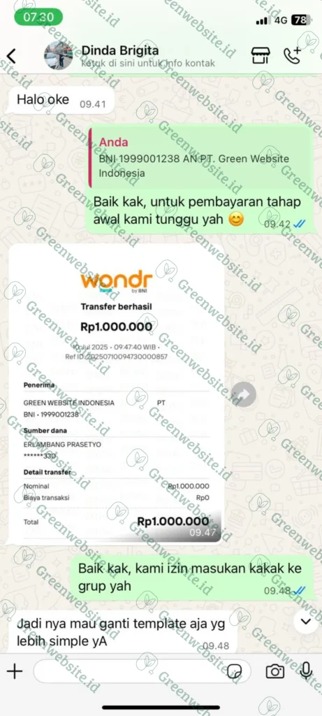 Bukti Transfer Klien Green Website Indonesia