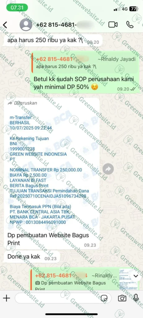 Bukti Transfer Klien Green Website Indonesia