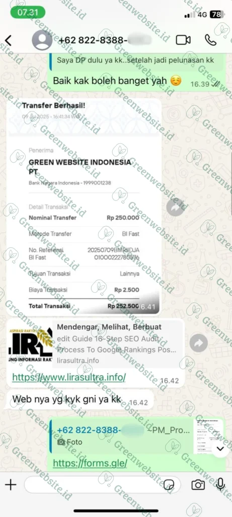 Bukti Transfer Klien Green Website Indonesia